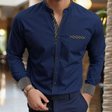 Wiaofellas  -  Men's Mandarin Collar Long Sleeve Shirt Slim Fit Casual Business Shirt With Striped Cuffs and Pocket Detail
