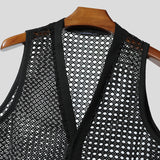 WIAOFELLAS  -  Men Tank Tops Mesh Hollow Out Solid Button Male Vests See Through Streetwear Summer 2025 Sleeveless V Neck Men Clothing