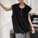 WIAOFELLAS  -  Drawstring Design Men's Tank Tops Lapel Solid Color Half Zipper Sleeveless Loose Male Pullover Vest Summer Menswear