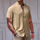 Wiaofellas  -  Summer Linen Beach Shirts Fashion New Short Sleeve Stand Collar Tees Cardigan Streetwear Men Clothing Solid Button T Shirt