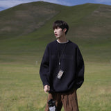 Wiaofellas Autumn And Winter New Sweater Loose Vintage Steel Print Alphabet Round Collar Pullover Sweater Black, Gray, Blue.