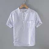 Wiaofellas  -  Men Clothing Summer Cotton Linen Men's Shirts Loose Youth Striped Daily Thin Short-sleeved Shirt Collar Button Pullover