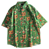 Wiaofellas  -  New Summer Graffiti Cartoon Cat INS Retro Short Sleeve Floral Shirt Hawaiian Beach Coast Outerwear Breathable Polyester Casual