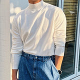 Wiaofellas  -  Korean Fashion Turtleneck Slim Sweaters Mens Casual Solid Color Bottoming Knit Tops Men Spring Fall Stylish Long Sleeve Sweater