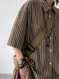 Wiaofellas  -  Retro Striped Short Sleeve Loose Casual Shirt Unisex Summer Set Hong Kong Style Five-Quarter Sleeve Blouse for Women