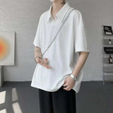 WIAOFELLAS  -  Trendy Summer Men‘s Solid Color Ice Silk Casual T-shirts New Fashion Turn Down Collar Short Sleeve Loose Tops Male