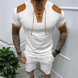 WIAOFELLAS  -  Summer American Retro Loose Casual Men's Wear Suit Elegant Fashion Handsome Splicing V Neck Tie Short Sleeve Shorts Chic Tops