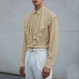 WIAOFELLAS  -  Men Shirt Solid Color Ruffle Lapel Long Sleeve Casual Men Clothing Loose Streetwear Elegant Fashion Male Tops Camisas