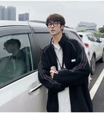 Wiaofellas  -  Velvet Cardigan Sweatshirt Men's Loose Korean Sports Jacket Trendy Hong Kong Style Stand Up Collar Jacket