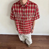 AWIAOFELLAS  -  merican Retro Studded Plaid Shirt Mens High Street Versatile Short Sleeved Loose Top Summer Fashion Streetwear Couple's Shirt