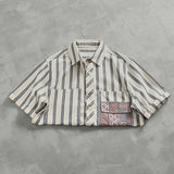 WIAOFELLAS  -  Vintage fashion striped short-sleeved shirt men's top Vintage loom cotton patchwork fabric summer cargo shirt