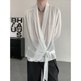 Wiaofellas  -  New Chinese Style Men's Clothing Solid Color Shirts Organza Male Casual Clothing V-neck Belt Long Sleeve Summer Trend