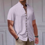 Wiaofellas  -  Summer Linen Beach Shirts Fashion New Short Sleeve Stand Collar Tees Cardigan Streetwear Men Clothing Solid Button T Shirt