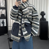 WIAOFELLAS  -  High-quality Japanese vintage with bib reversible cotton design striped coat