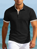 Wiaofellas  -  Men's Textured Knit Polo Shirt Contrast Trim Short Sleeve Turn Down Collar Casual Fashion Tops For Men