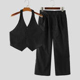 WIAOFELLAS  -  Men Sets Striped V Neck Sleeveless Crop Tops Vests & Pants Two Pieces Sets Streetwear Fashion Men's Casual Suits