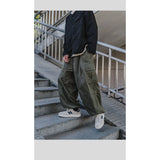 WIAOFELLAS  -  Spring Autumn Men's Clothing Solid Color Elastic Pockets High Waist Casual Loose Fashionable Trousers Cargo Wide Leg Pants