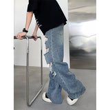 Wiaofellas  -  High Street Male Hole Denim Pants New Worn-out Jacquard Slimming Loose Men‘s Wide Legs Jeans Summer Trendy