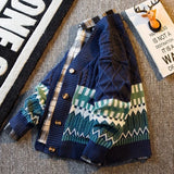 WIAOFELLAS  -  Vintage Argyle Splice Knitted Cardigan Mens Long Sleeved V-neck Sweater Autumn Winter Fashion High Quality Loose Knitwear Tops