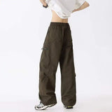 WIAOFELLAS  -  Simple Men's Cargo Pants Zipper Patchwork Elastic Waist Wide Leg Bottom Straight Drawstring Loose Male Trousers 24K4252