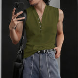 WIAOFELLAS  -  Men Tank Tops Solid Color V Neck Sleeveless Button Summer Male Vests Streetwear Knitted Fashion Casual Men Clothing