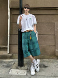 Wiaofellas  -  Blue Plaid Men's Summer Trendy American Retro Five-Point Loose BF Lazy Sle Sports Pants Straight Leg mid Waist Elastic