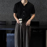 WIAOFELLAS  -  Men's Solid Color Knitted Cardigan Short-Sleeved Shirt American Retro Fashion Trend Street Loose Breathable Niche Men's Tops