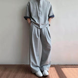 WIAOFELLAS  -  Korean Style Men's Sets Fake Two-piece Stand Collar Pathwork Short Sleeevd Sweatshirts Straight Wide Leg Male Pants
