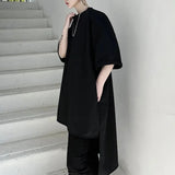 Wiaofellas  -  Mens Dark Plain Asymmetrical Mid Length T Shirt Streetwear Fashion Japanese Niche Youth Trendy Short Sleeve Top Men'S Clothing