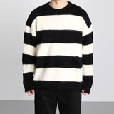 WIAOFELLAS  -  American Retro round Ne f High Collar Striped Sweater Knitted Heavyweight Autumn Winter Casual Loose Fit Long Sve