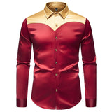 WIAOFELLAS  -  Mens Shiny Red Satin Dress Shirts Hit Color Long Sleeve Casual Button Down Silk Shirt Men Party Wedding Prom Suit Shirt Male XXL