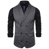 Wiaofellas  -  Black White Grey Vertrical Striped Vests Male Double Breasted Office Vest Coat Men Business Sleeveless Jacket Lapel Collar