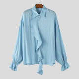 WIAOFELLAS  -  Men Shirt Solid Pleated Ruffle Lapel Long Sleeve Men Clothing Streetwear Loose Fashion Casual Tops Male Shirts S-5XL
