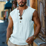 Wiaofellas  -  Men's Retro V-Neck Tank Top Summer Solid Color Casual Sleeveless Loose T-Shirt Outdoor Vacation Basic Top For Men