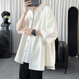 WIAOFELLAS  -  Summer Cool Men Short-sleeved Shirt Solid Color Fashion Plicated Casual Loose Button Shirt Male Clothing Tops