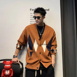 Wiaofellas  -  Large Men's Diamond Patterned Collarless Sweater Jacket Men's Spring and Autumn Retro Lazy High-end Knitted Cardigan