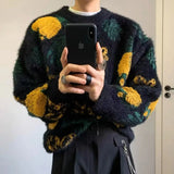WIAOFELLAS  -  Korean style knitted pullover sweater men's trendy pineapple jacquard round neck top casual loose lazy style men's clothing
