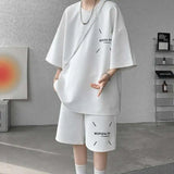 WIAOFELLAS  -  Fashion Men's Suit Solid Color Letter Print O-neck T-shirt Trendy Drawstring High-waisted Shorts Set Male Summer