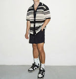 WIAOFELLAS  -  Summer New Fashion Casual Breathable Hollow Out Knitted Polo Shirts Men Striped Crochet Knitting Tops Vintage Mens Clothes