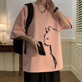 WIAOFELLAS  -  Men Short Sleeved T-shirt Suede Velvet Summer Cartoon Print Tops Loose Fitting Quarter Sleeves Leisure Time Cat Printing Hatless