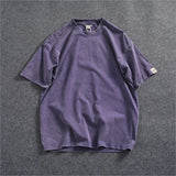 WIAOFELLAS  -  Heavy washing process short sleeve T-shirt men's American fashion loose off shoulder sleeve heavy round neck cotton solid color