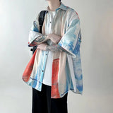 WIAOFELLAS  -  Summer New Turn-down Collar Fashion Short Sleeve Shirt Man High Street Loose Tie Dye Button Cardigan Y2K Youth All-match Tops