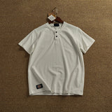 Wiaofellas  -  Summer New American Retro Short Sleeve Henry Collar Solid Color T-shirt Men's Simple 71% Cotton Washed Casual Loose Tops