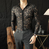 WIAOFELLAS  -  Sexy Men's Mesh See Through Fishnet Lace Shirts Long Sleeved Slim Fit Transparent Shirt for Men Nightclub Prom Camisa Masculina
