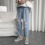 WIAOFELLAS  -  Korean Loose Straight Cylinder Hole Jeans Men Summer New Thin Style Trend Explosive Street Casual Solid Color All-match Pants