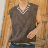 WIAOFELLAS  -  Men's Color Matching Knitted Sleeveless Vest Retro Fashion Trend Simple Casual Loose Breathable 2025 Summer New Men's Tops