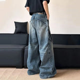 WIAOFELLAS  -  High Street Men's Jeans Deconstruction Solid Color Casual Wide Leg Menswear Loose Straight Simple Male Denim Pants