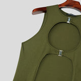 WIAOFELLAS  -  Men Tank Tops Solid Color O-neck Sleeveless Long Style Tops Hollow Out Sexy Streetwear Summer Men Clothing Male Vests