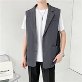 Wiaofellas  -  Grey Black Suit Vest Men Fashion Social Mens Dress Vest Korean Loose Sleeveless Blazer Mens Jacket Office Formal Vest M-2XL