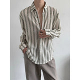 Wiaofellas  -  Korean Style Design Sense Hollow Striped Shirt Men's Casual Loose Iron-free Drooping Long-sleeved Shirt Niche
